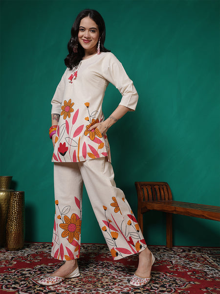 Women Cotton Flex Floral Printed Top with Trouser Co-ord Set