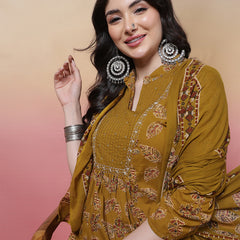 Women Green Floral Printed Hand Work Anarkali Kurta with Trouser & Dupatta