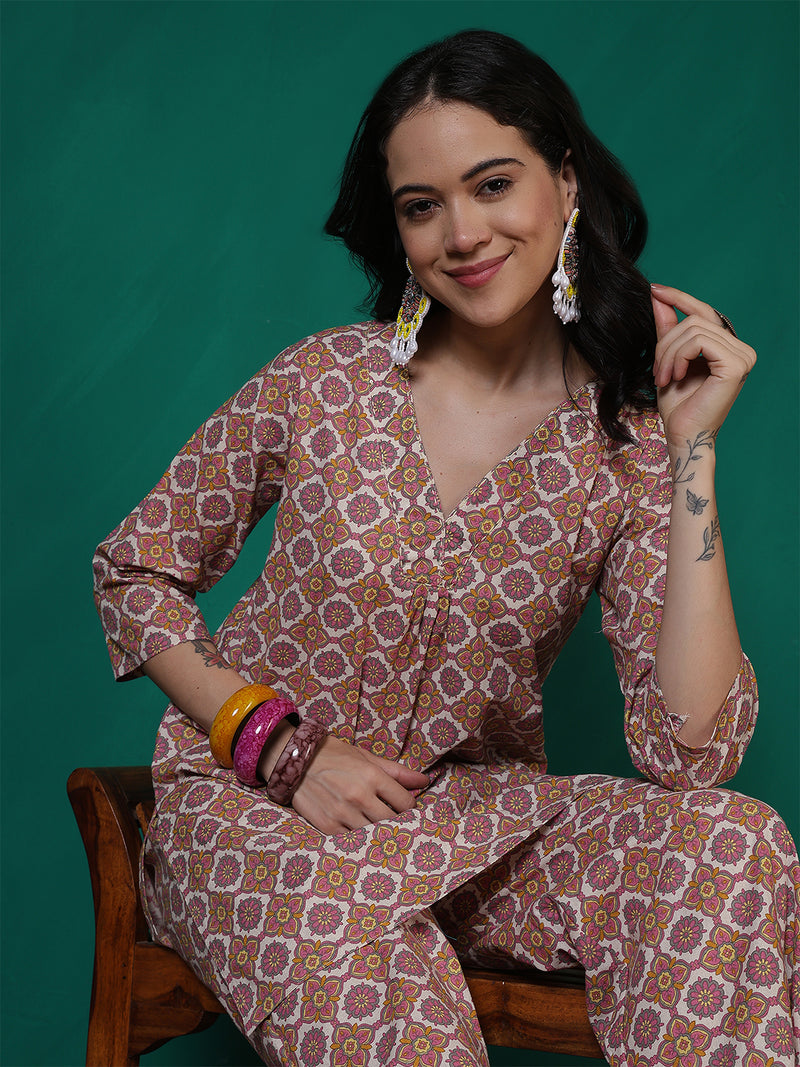 Women Green Cotton Flex Printed Top with Trouser Co-ord Set