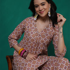 Women Green Cotton Flex Printed Top with Trouser Co-ord Set