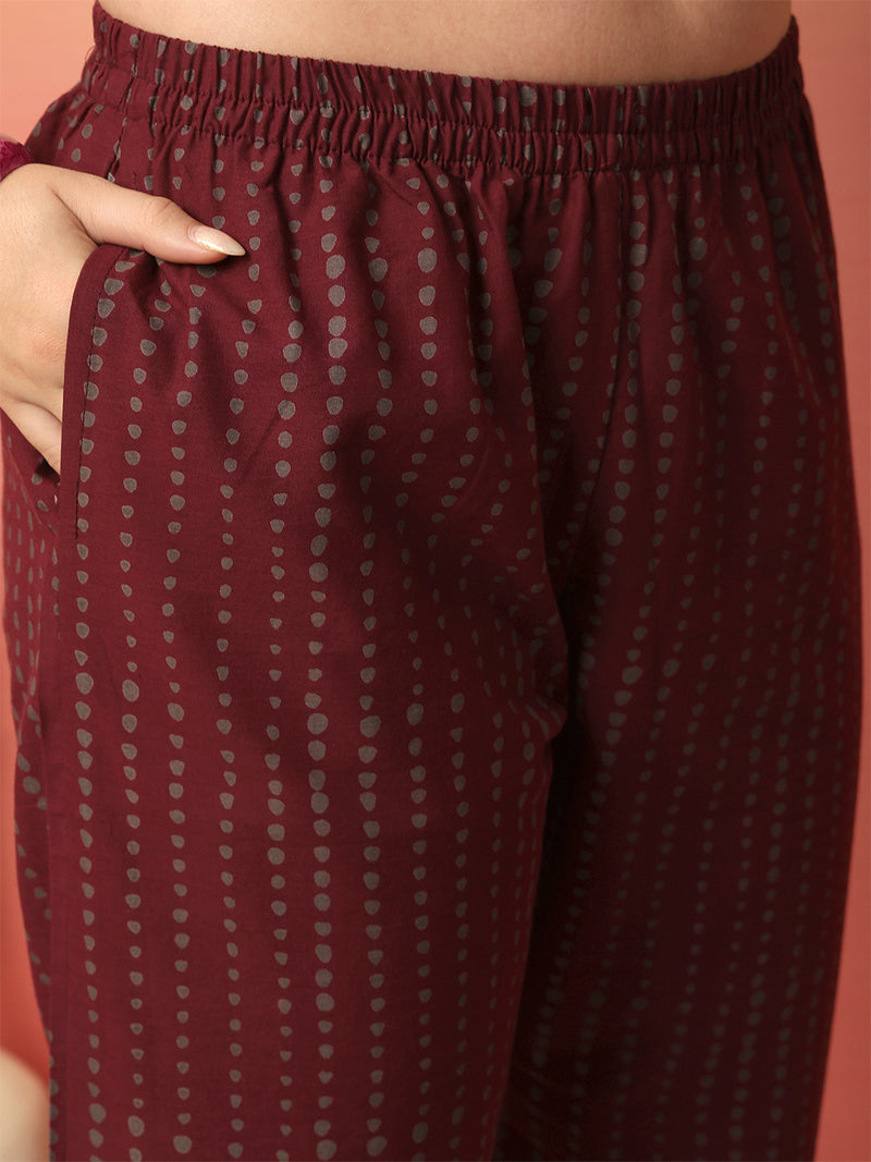 Women Maroon Cotton Printed V-neck Kurta with trouser & Dupatta