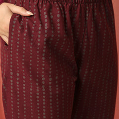 Women Maroon Cotton Printed V-neck Kurta with trouser & Dupatta