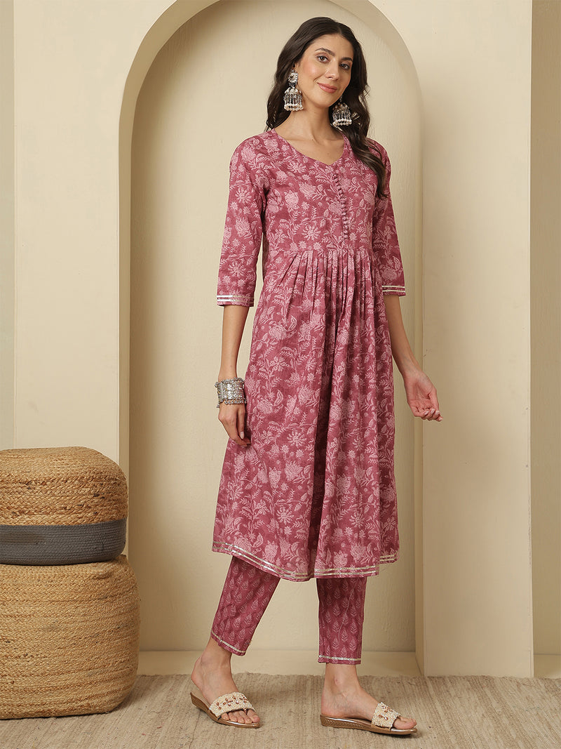 Women Cotton Printed Nayra Cut, Round Neck Kurta with Trouser & Dupatta