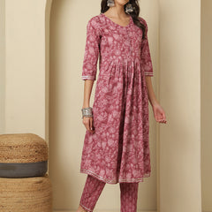 Women Cotton Printed Nayra Cut, Round Neck Kurta with Trouser & Dupatta