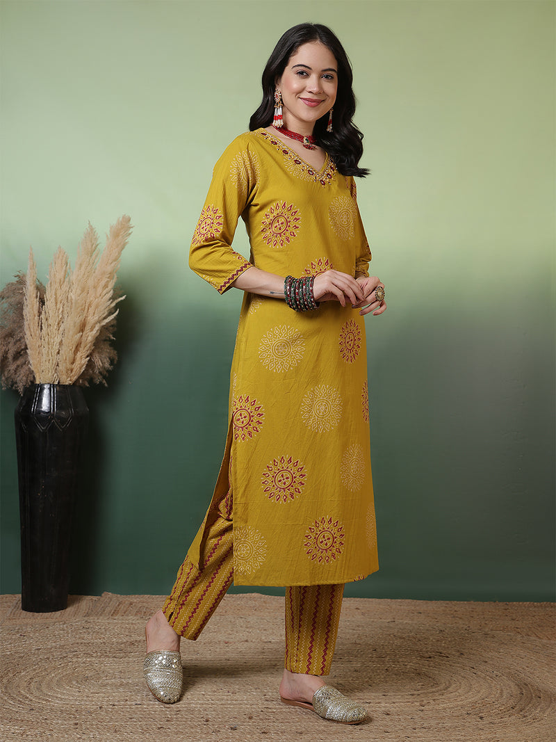 Women Pure Cotton Mustard Hand Work Yoke Printed Kurta with Trouser & Dupatta