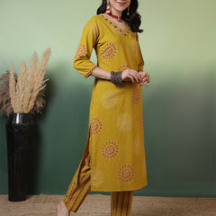 Women Pure Cotton Mustard Hand Work Yoke Printed Kurta with Trouser & Dupatta