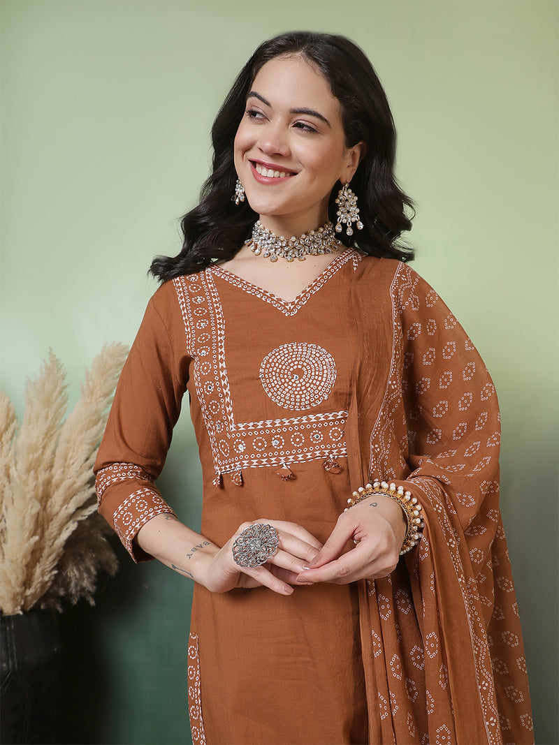 Women Cotton Bandhani Printed Kurta with Trouser & Dupatta