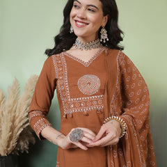 Women Cotton Bandhani Printed Kurta with Trouser & Dupatta