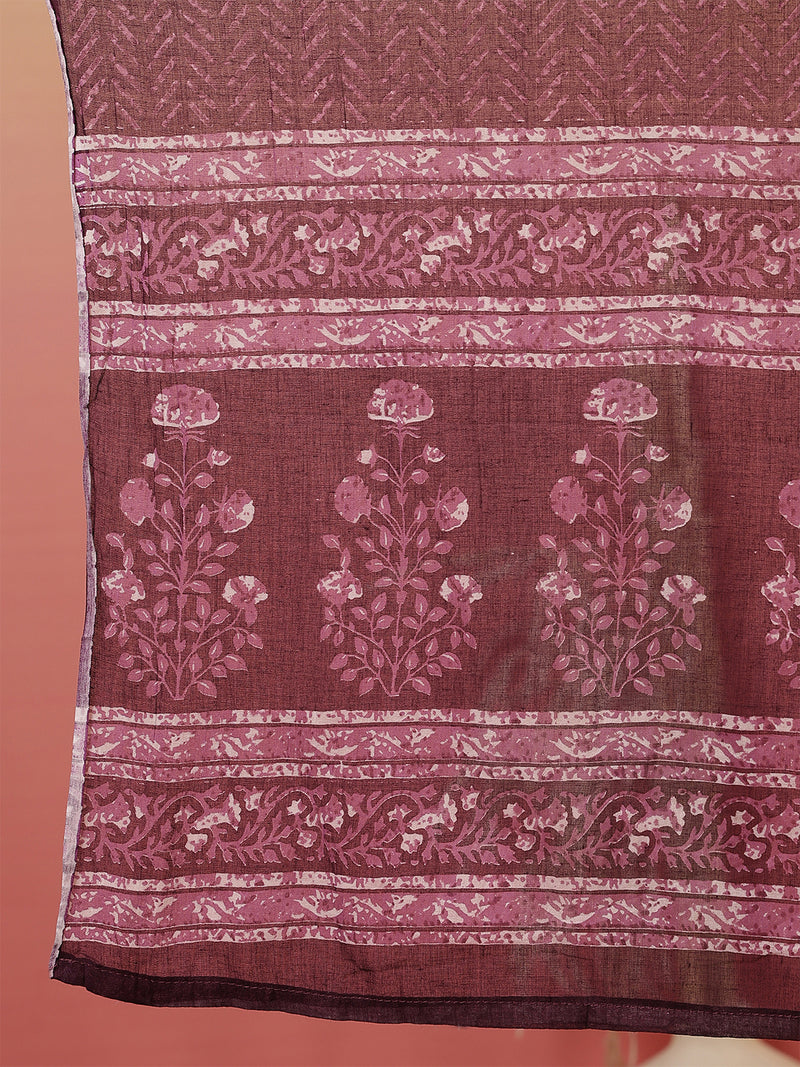 Women Purple Block Printed Front Slit Kurta With Palazzo Pant & Dupatta