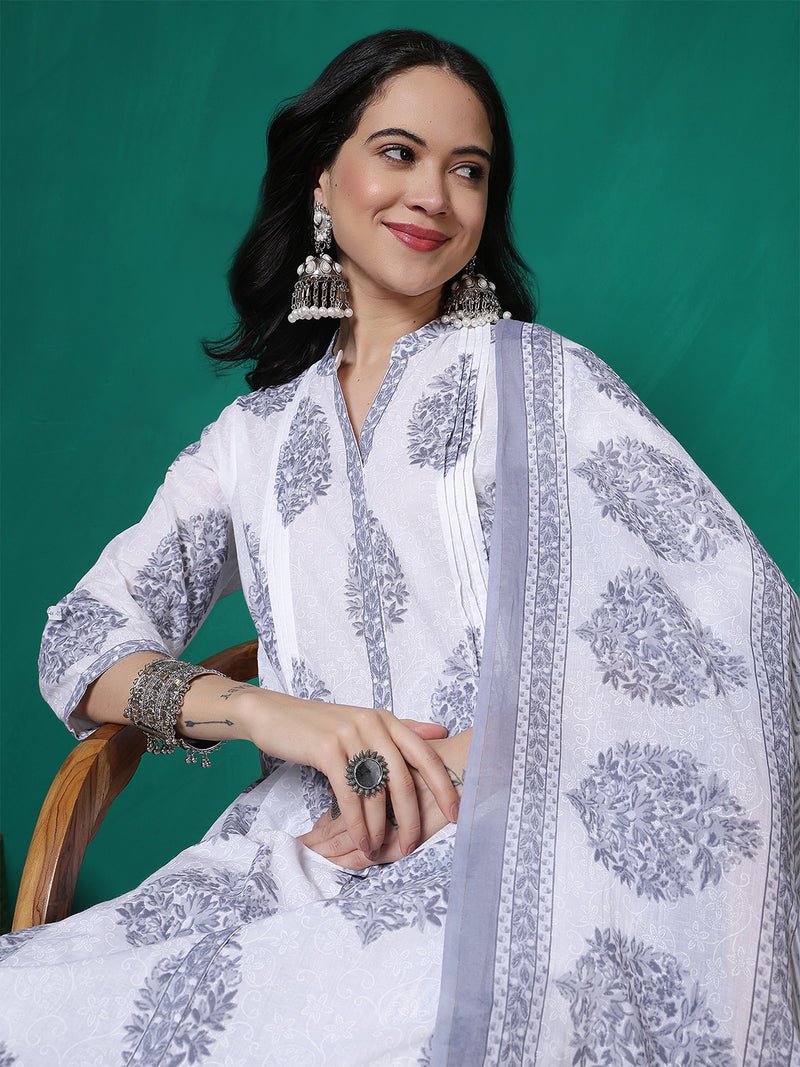 Women Pure Cotton White & Grey Printed Kurta with Trouser & Dupatta