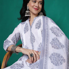 Women Pure Cotton White & Grey Printed Kurta with Trouser & Dupatta