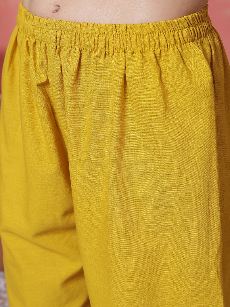 Women Mustard Solid Cotton A-line Kurta with Palazzo Set