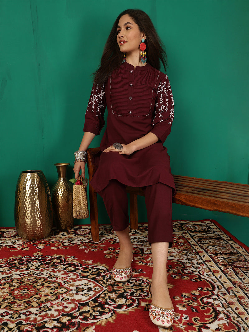Women Maroon Silk Kurta with Trouser & Dupatta