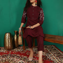 Women Maroon Silk Kurta with Trouser & Dupatta