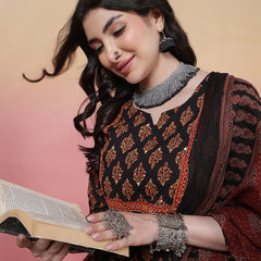 Women Black Cotton Hand Block Printed Kurta with Trouser & Dupatta