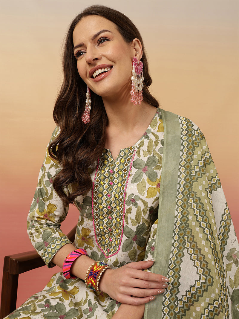 Women Olive Green Printed Yoke Embroidery Kurta with Trouser & Dupatta