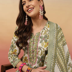 Women Olive Green Printed Yoke Embroidery Kurta with Trouser & Dupatta