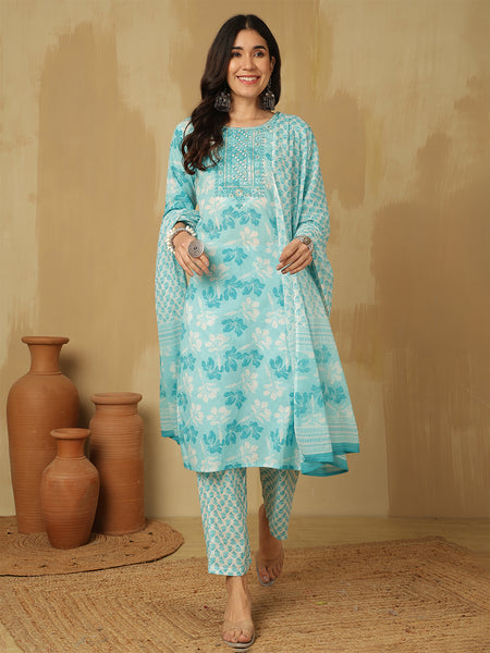 Women Sky Blue Cotton Embroidery Kurta With Trouser & Dupatta