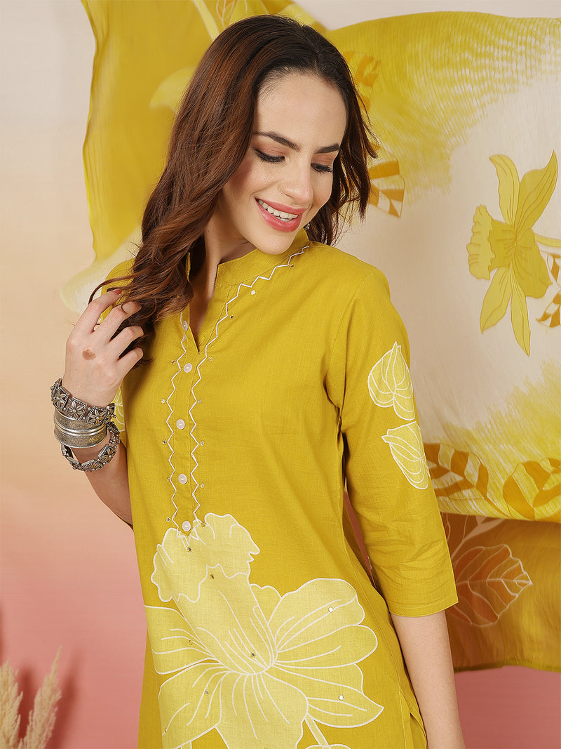 ANAISA Women Cotton Placement Print Straight Kurta with Trouser & Dupatta
