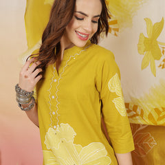 ANAISA Women Cotton Placement Print Straight Kurta with Trouser & Dupatta