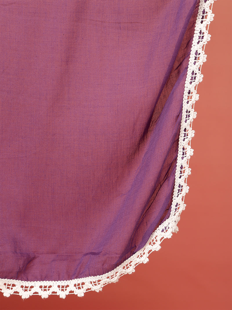 Women Cotton Purple Embroidery Anarkali Kurta with Trouser & Dupatta