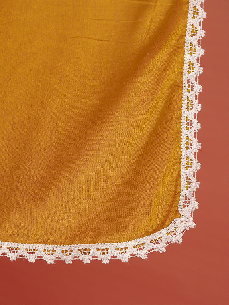 Women Cotton Mustard Embroidery Anarkali Kurta with Trouser & Dupatta