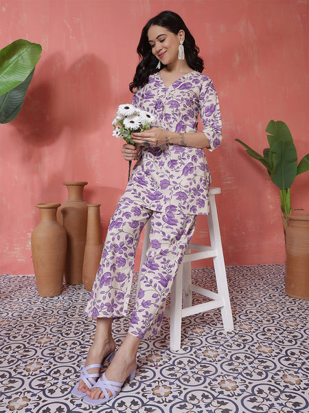 Women Pink Cotton Flex Printed Top with Trouser Co-ord Set