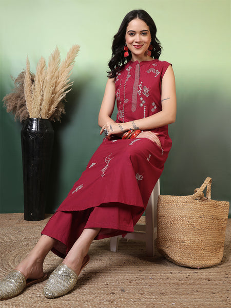 Women Cherry Pure Cotton Embroidery Kurta with attached sleeves and Palazzo Set