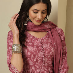 Women Cotton Printed Nayra Cut, Round Neck Kurta with Trouser & Dupatta
