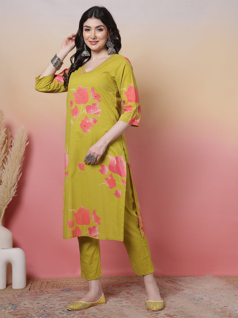 Women Coral Cotton Placement Printed Hand Work Kurta with Trouser & Dupatta