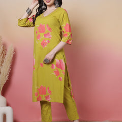 Women Coral Cotton Placement Printed Hand Work Kurta with Trouser & Dupatta