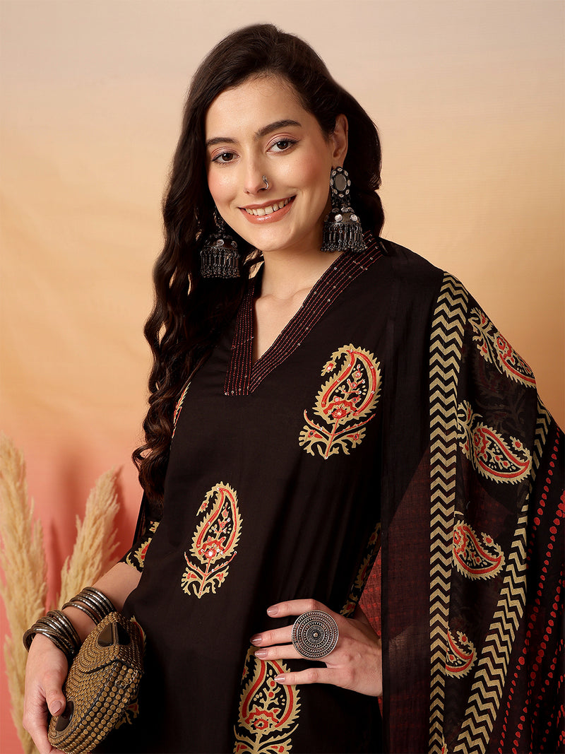 Women Brown Cotton Printed V-neck Straight Kurta with Trouser & Dupatta