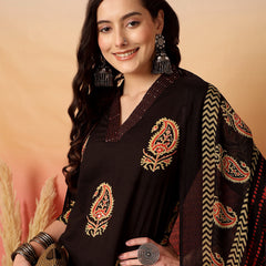Women Brown Cotton Printed V-neck Straight Kurta with Trouser & Dupatta