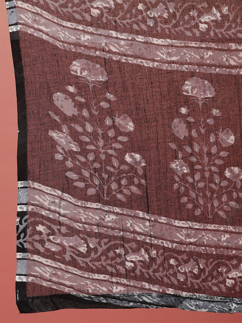 Women Black Cotton Yoke Design Kurta With Trouser & Dupatta