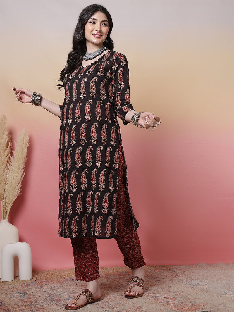 Women Black Block Printed Kurta with Trouser & Dupatta
