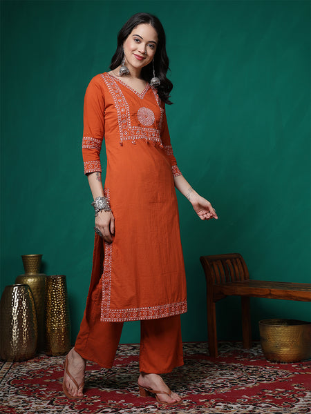 Women Cotton Bandhani Printed Kurta with Trouser & Dupatta