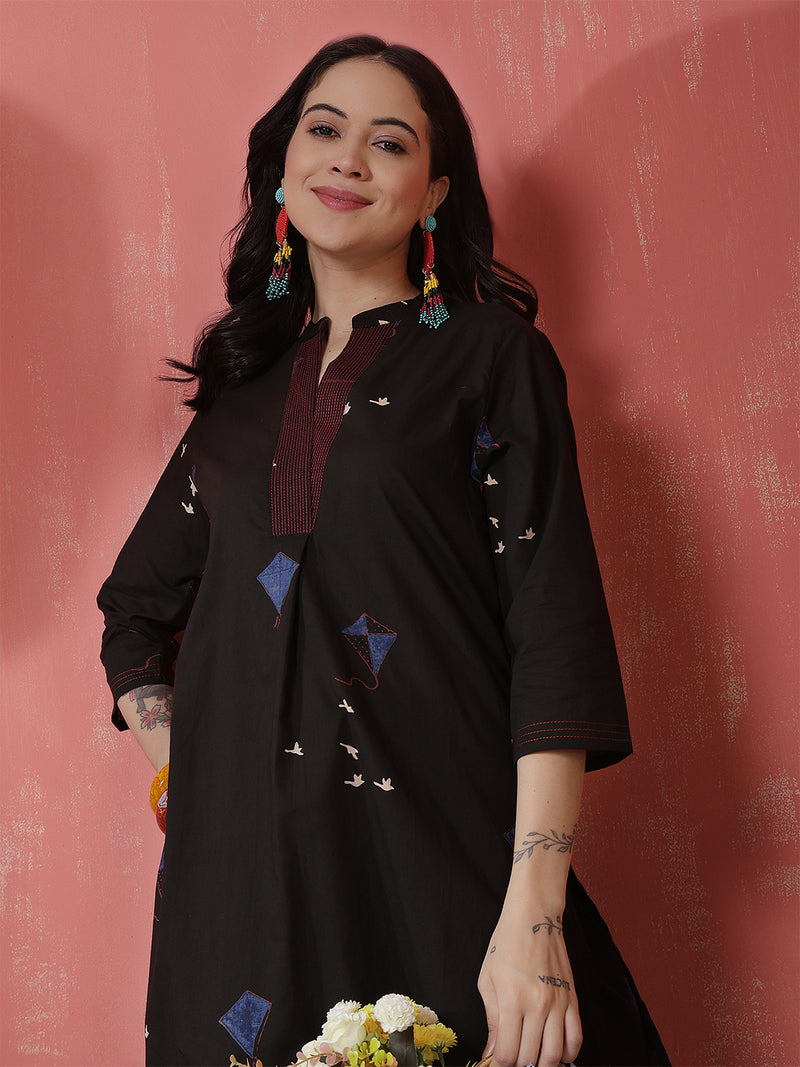Women Black Pure Cotton Printed Top with Palazzo Co-ord Set