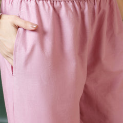 Women Cotton Flex Pink Kurta with Embroidery Sleeves and Trouser Set