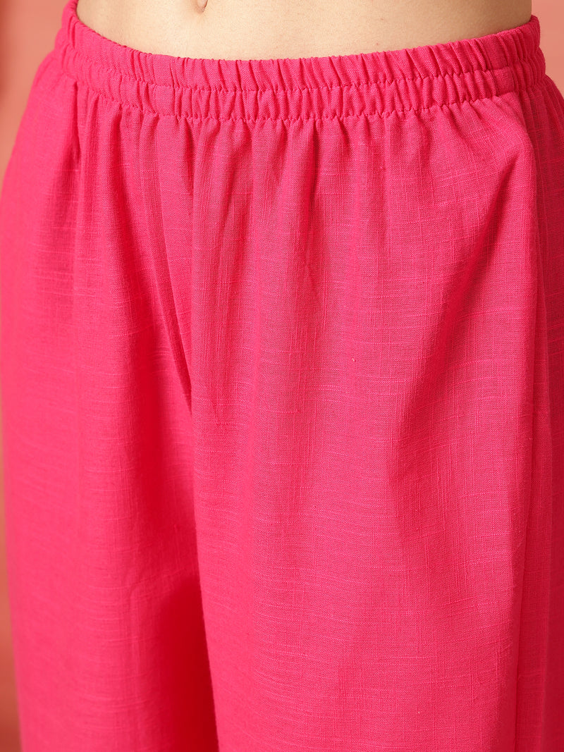 Women Cotton Pink Embroidery Top with Trouser Co-ord Set