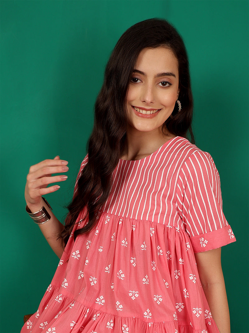 ANAISA Women Cotton Pink Printed, Round Neck, Short Sleeves, Regular Length Fit & Flare Top