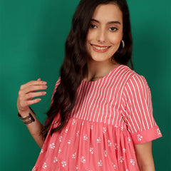 ANAISA Women Cotton Pink Printed, Round Neck, Short Sleeves, Regular Length Fit & Flare Top