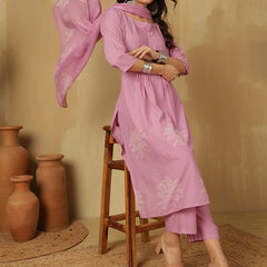 Women Cotton Discharge Printed A-line Kurta with Trouser & Dupatta