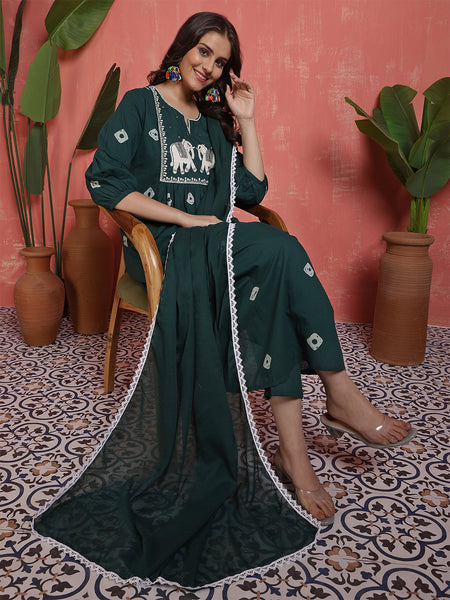 Women Mustard Pure Cotton Embroidery Yoke Anarkali Kurta with Trouser & Dupatta