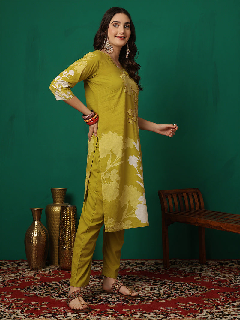 Women Cotton Printed Patch Work Kurta with Trouser & Dupatta