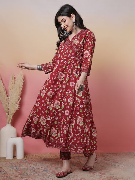Women Blue Cotton Floral Printed Hand Work Anarkali Kurta with Trouser & Dupatta