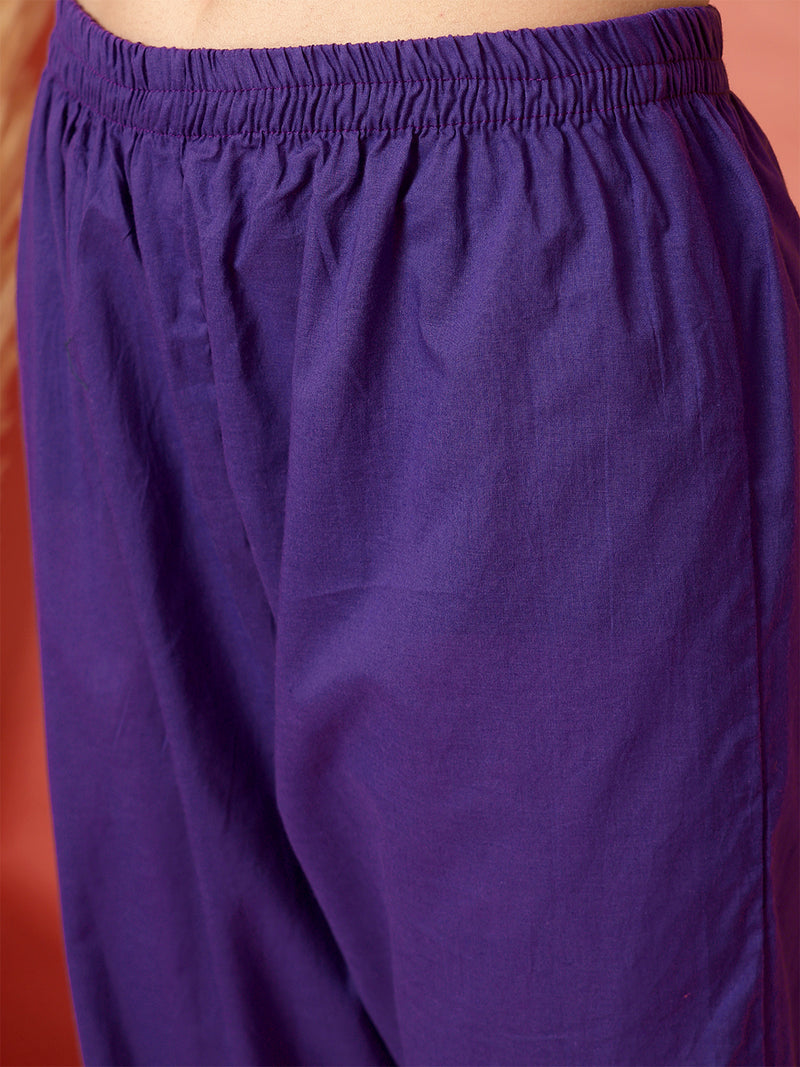 Women Cotton Purple Embroidery Anarkali Kurta with Trouser & Dupatta