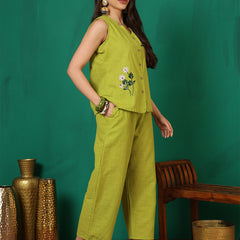Women Cotton Lime Green Embroidery Top with Trouser Co-ord Set