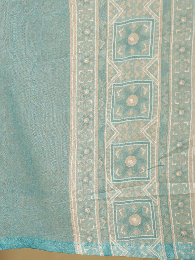 Women Sky blue Cotton Floral Printed Kurta With Trouser & Dupatta