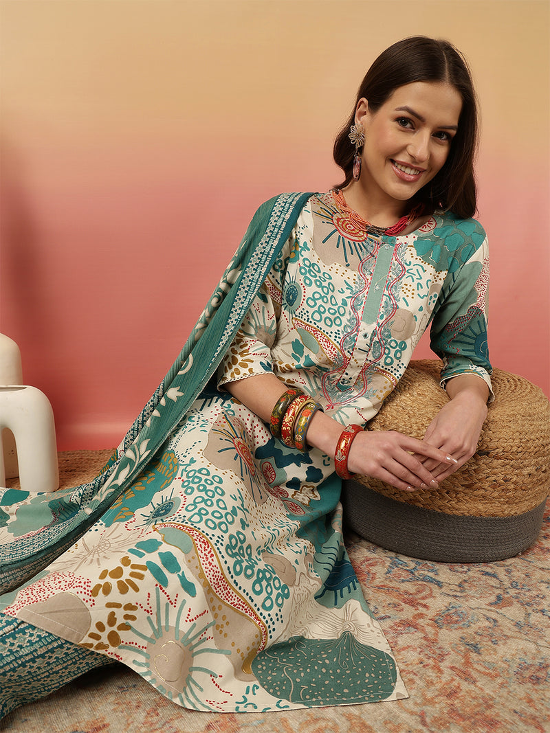 Women Blue Digital Printed Kurta With Trouser & Dupatta