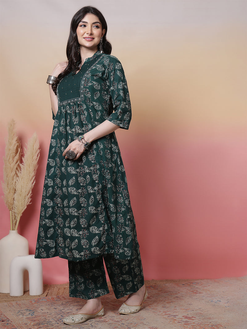 Women Green Floral Printed Hand Work Anarkali Kurta with Trouser & Dupatta